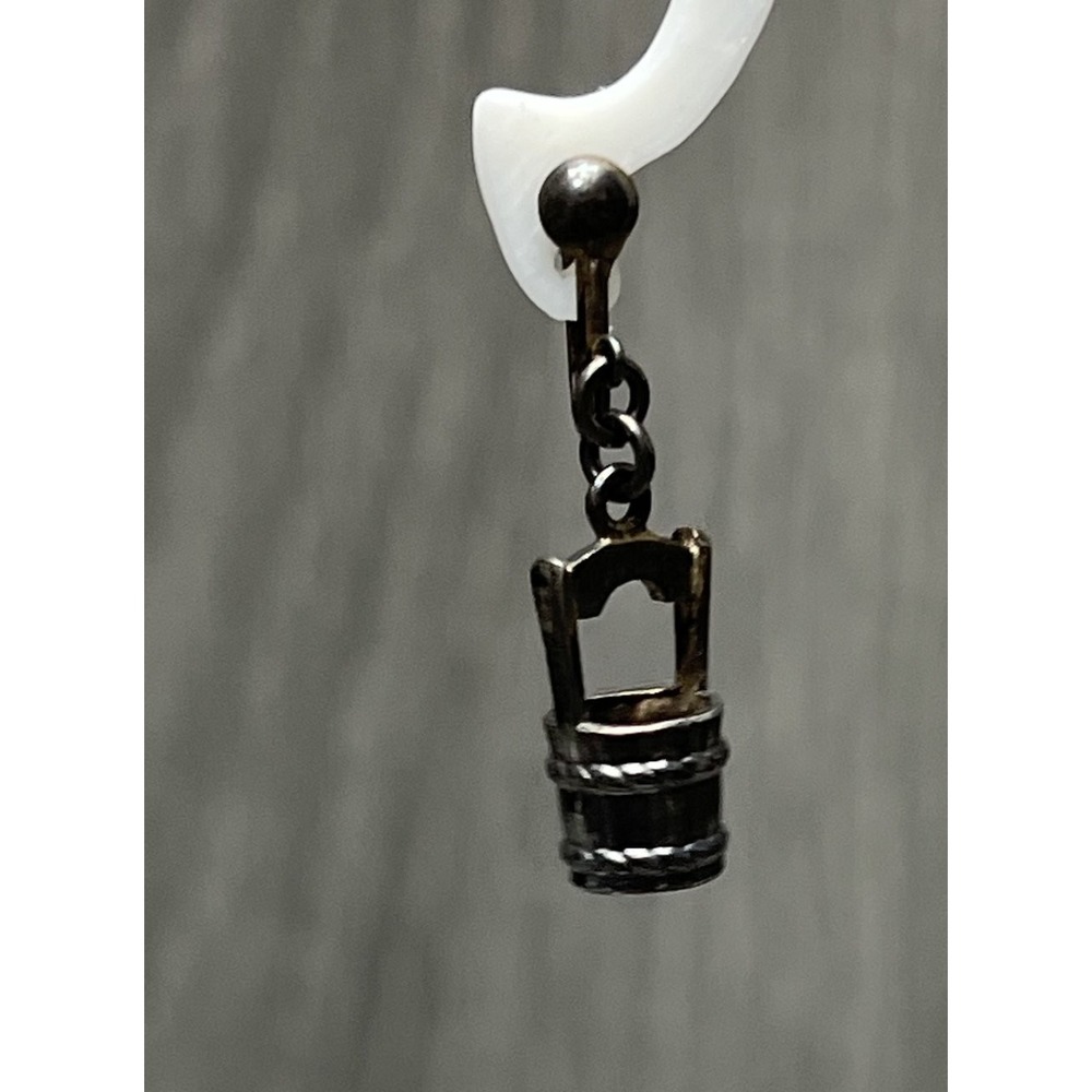 Vintage Well Wishing Bucket Dangle Clip-On Earrings Silver Tone Mini Charm